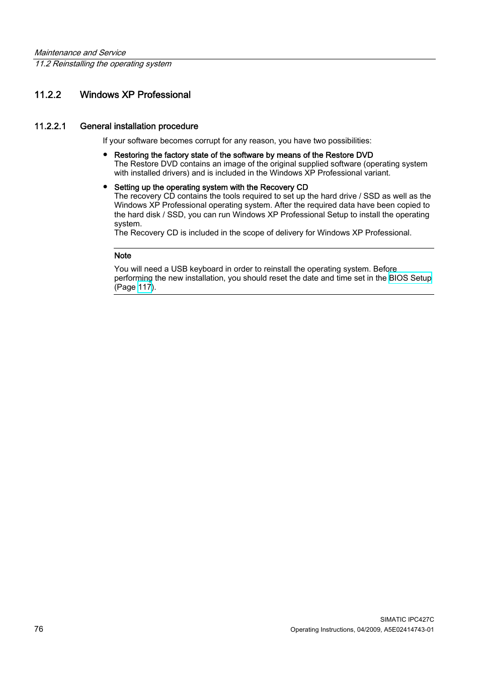 2 windows xp professional, 1 general installation procedure | Siemens Simatic Industrial PC IPC427C User Manual | Page 76 / 170