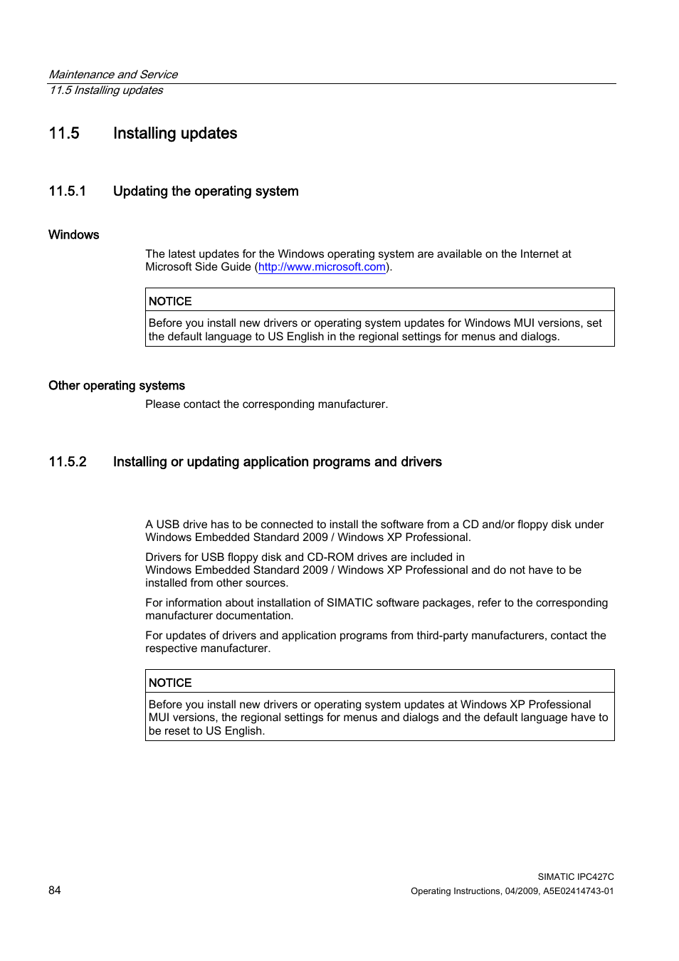 5 installing updates, 1 updating the operating system | Siemens Simatic Industrial PC IPC427C User Manual | Page 84 / 170