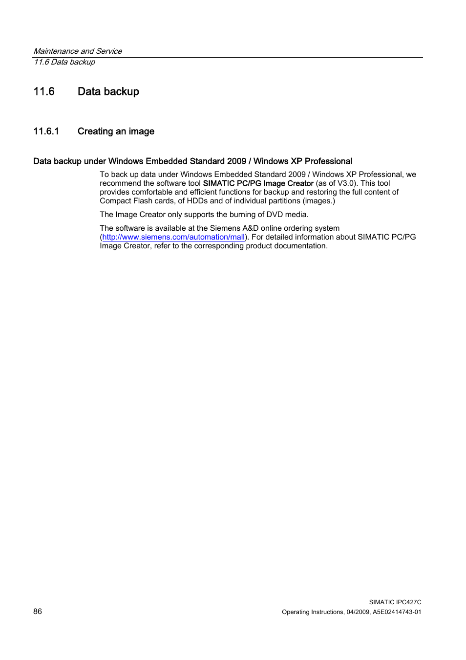 6 data backup, 1 creating an image | Siemens Simatic Industrial PC IPC427C User Manual | Page 86 / 170