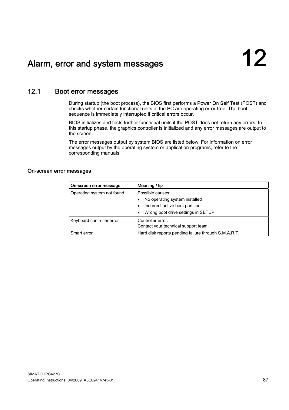 12 alarm, error and system messages, 1 boot error messages, Alarm, error and system | Messages, Alarm, error and system messages | Siemens Simatic Industrial PC IPC427C User Manual | Page 87 / 170