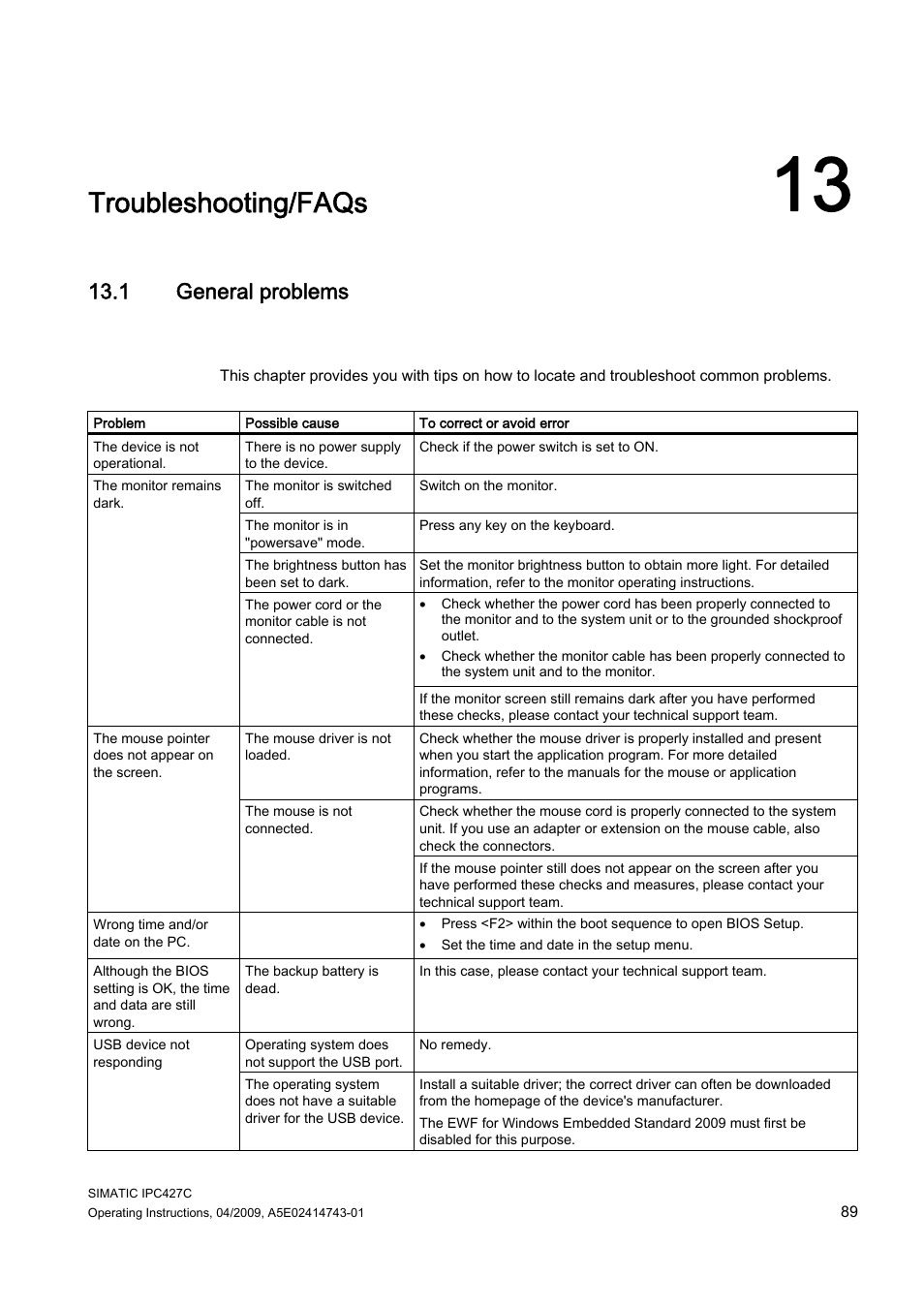13 troubleshooting/faqs, 1 general problems, Troubleshooting/faqs | Siemens Simatic Industrial PC IPC427C User Manual | Page 89 / 170