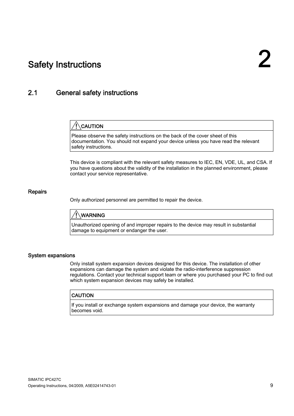 2 safety instructions, 1 general safety instructions, Safety instructions | Siemens Simatic Industrial PC IPC427C User Manual | Page 9 / 170