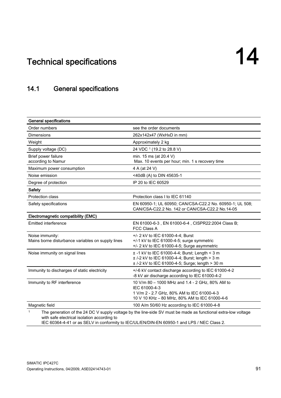 14 technical specifications, 1 general specifications, Technical specifications | Siemens Simatic Industrial PC IPC427C User Manual | Page 91 / 170