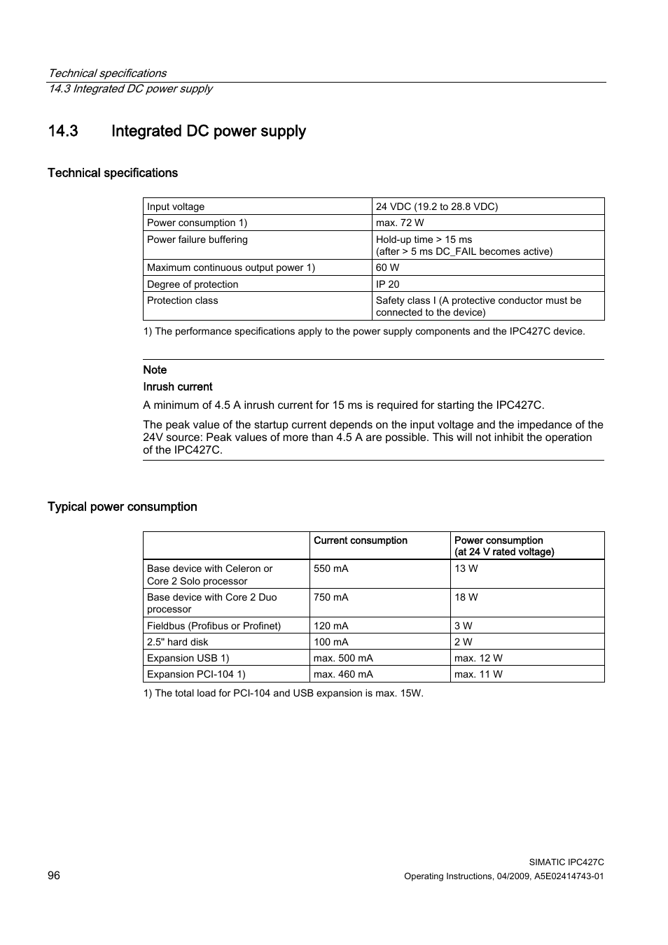 3 integrated dc power supply | Siemens Simatic Industrial PC IPC427C User Manual | Page 96 / 170