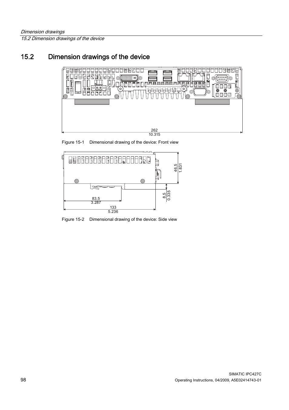 2 dimension drawings of the device | Siemens Simatic Industrial PC IPC427C User Manual | Page 98 / 170