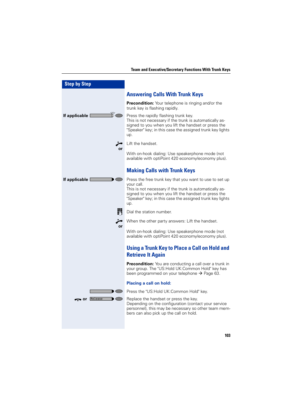 Answering calls with trunk keys, Making calls with trunk keys | Siemens HIPATH 2000 User Manual | Page 103 / 139