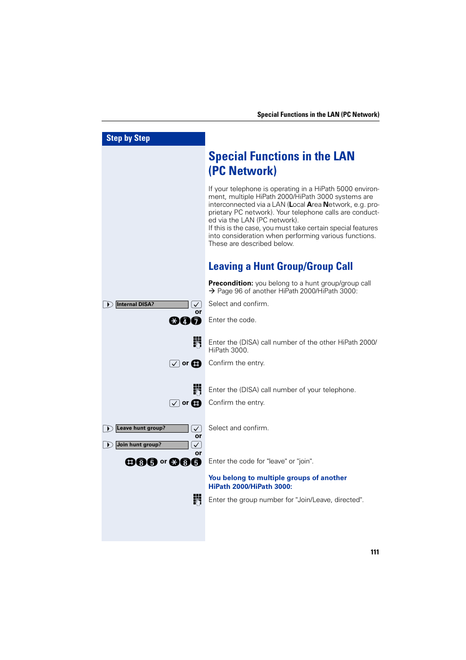 Special functions in the lan (pcnetwork), Leaving a hunt group/group call, Special functions in the lan (pc network) | Leaving a hunt group/group call | Siemens HIPATH 2000 User Manual | Page 111 / 139