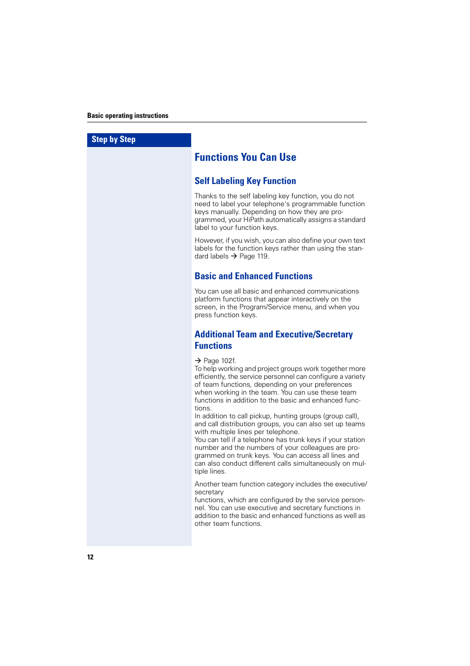 Functions you can use, Self labelling key function, Basic and enhanced functions | Additional team and executive/secretary functions, Self labeling key function | Siemens HIPATH 2000 User Manual | Page 12 / 139