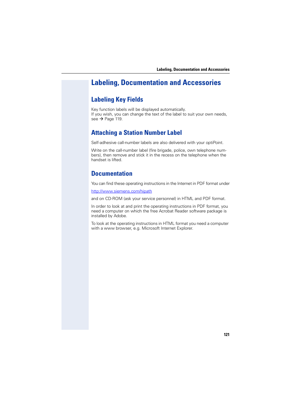 Labeling, documentation and accessories, Labeling key fields, Attaching a station number label | Documentation | Siemens HIPATH 2000 User Manual | Page 121 / 139