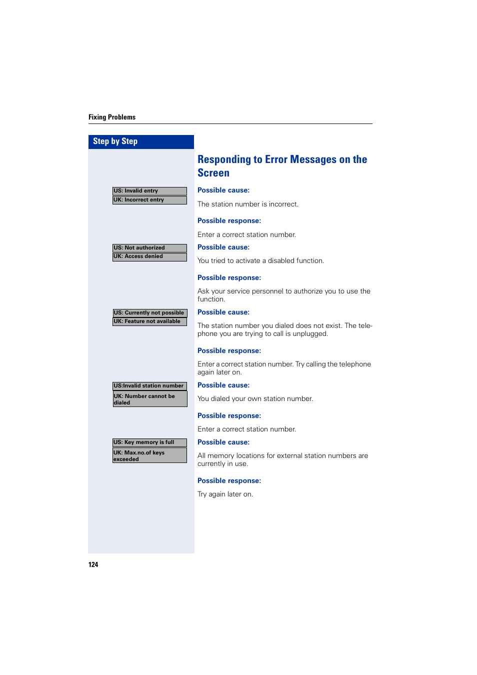 Responding to error messages on the screen, Step by step | Siemens HIPATH 2000 User Manual | Page 124 / 139