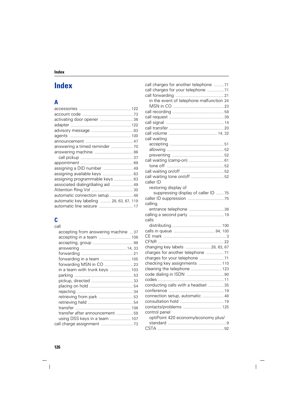 Index | Siemens HIPATH 2000 User Manual | Page 126 / 139