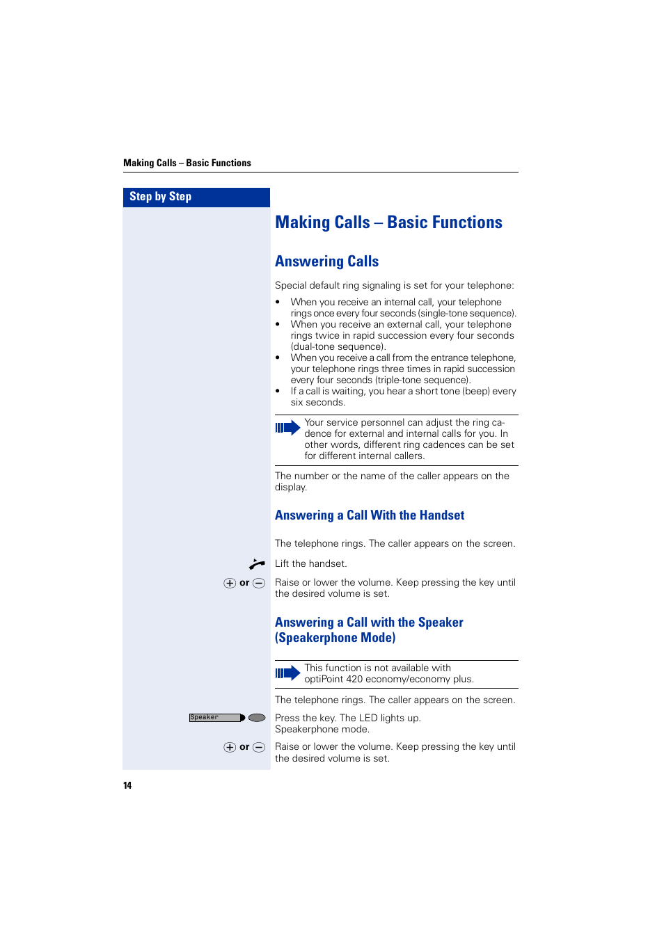 Making calls – basic functions, Answering calls, Answering a call with the handset | Siemens HIPATH 2000 User Manual | Page 14 / 139