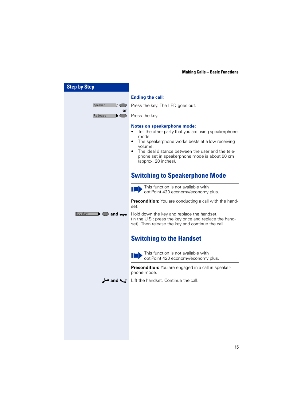 Switching to speakerphone mode, Switching to the handset | Siemens HIPATH 2000 User Manual | Page 15 / 139