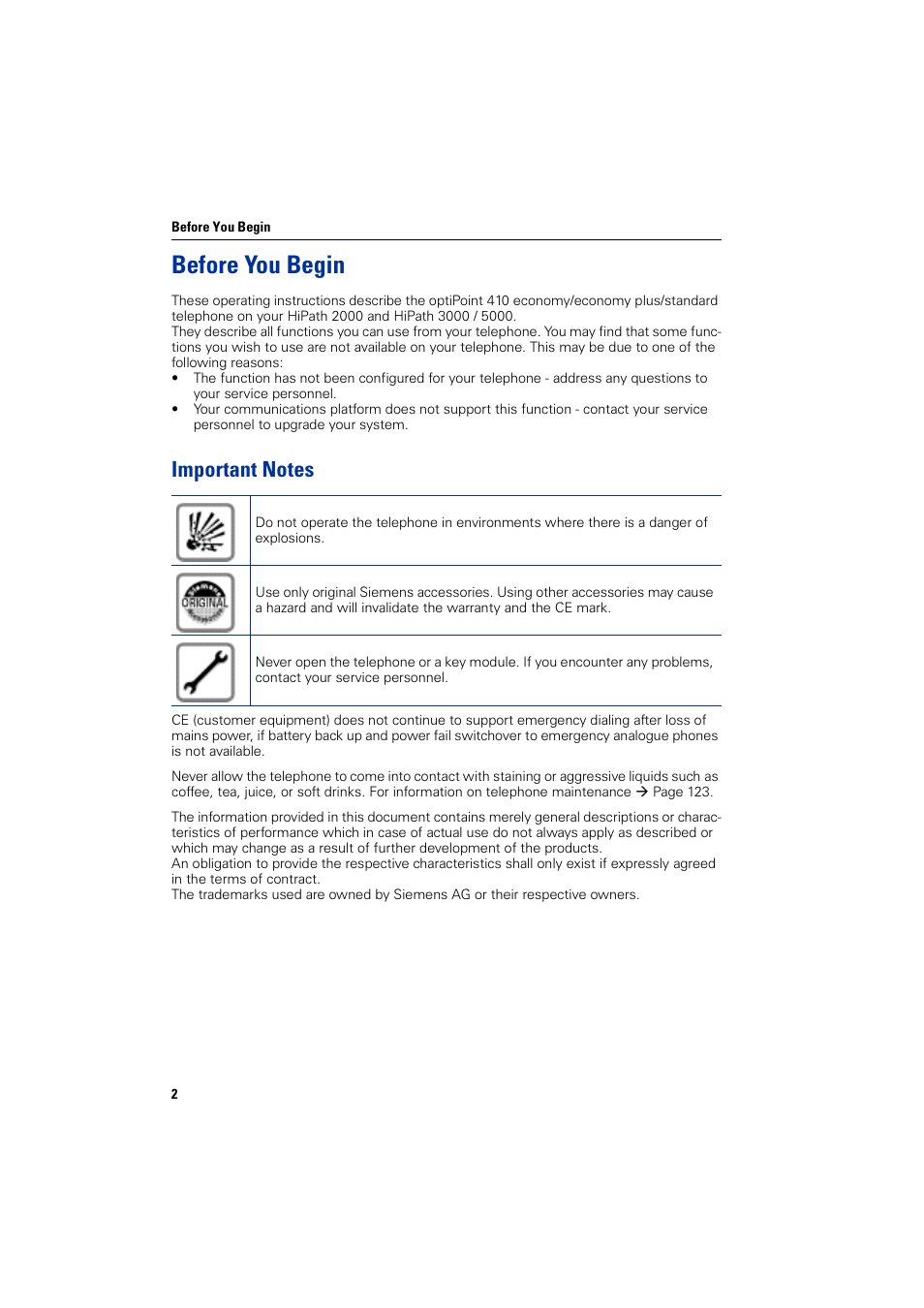 Before you begin, Important notes | Siemens HIPATH 2000 User Manual | Page 2 / 139