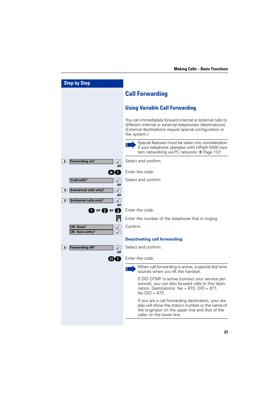 Call forwarding, Using variable call forwarding | Siemens HIPATH 2000 User Manual | Page 21 / 139