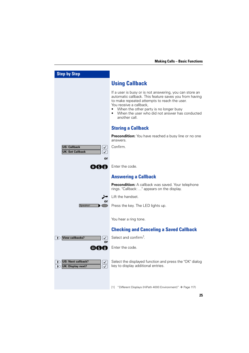 Using callback, Storing a callback, Answering a callback | Checking and canceling a saved callback | Siemens HIPATH 2000 User Manual | Page 25 / 139