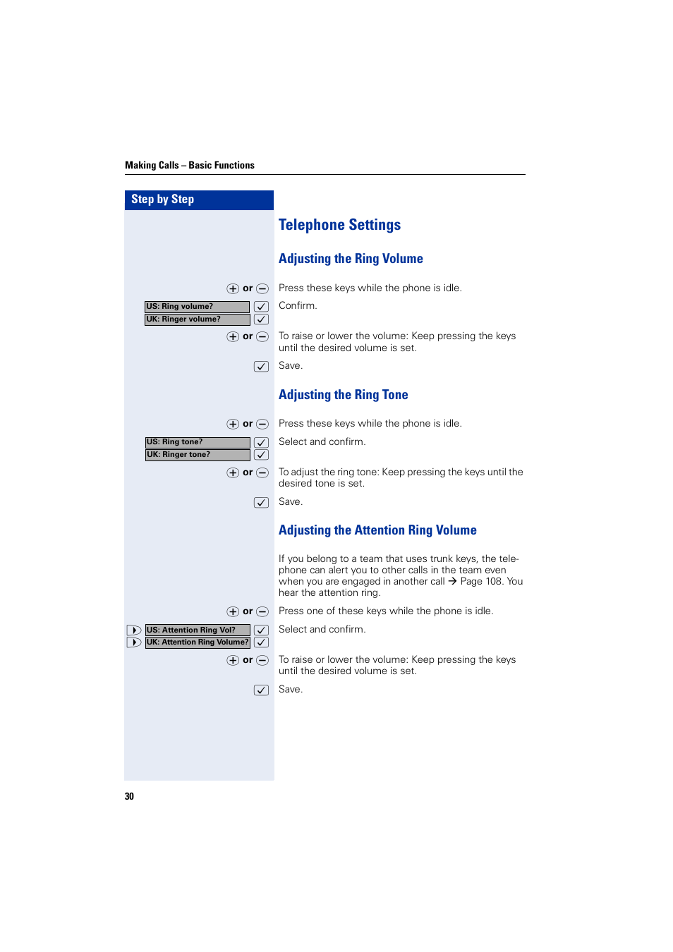 Telephone settings, Adjusting the ring volume, Adjusting the ring tone | Adjusting the attention ring volume | Siemens HIPATH 2000 User Manual | Page 30 / 139