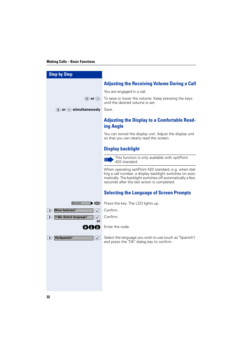 Adjusting the receiving volume during a call, Display backlight, Selecting the language of screen prompts | Siemens HIPATH 2000 User Manual | Page 32 / 139