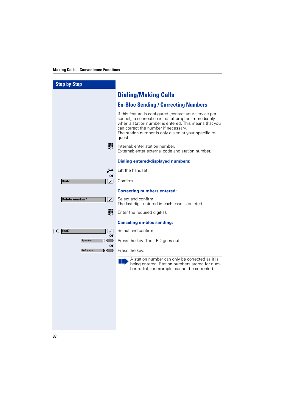 Dialing/making calls, En-bloc sending / correcting numbers | Siemens HIPATH 2000 User Manual | Page 38 / 139