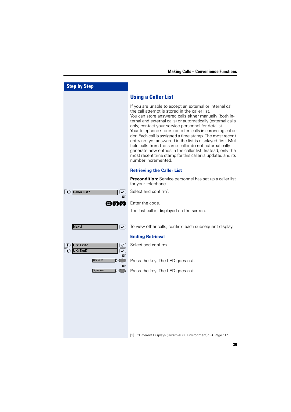 Using a caller list | Siemens HIPATH 2000 User Manual | Page 39 / 139