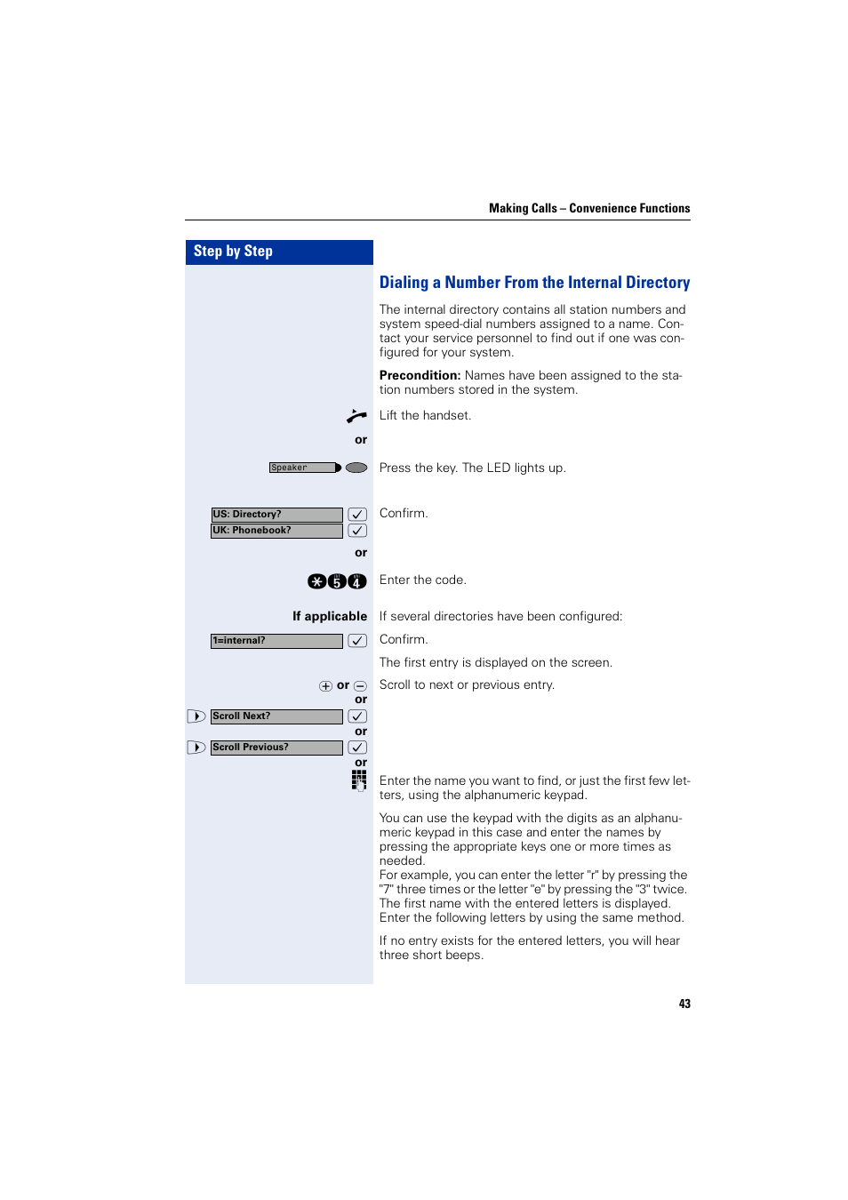 Dialing a number from the internal directory, Dialing a number from the internal directory | Siemens HIPATH 2000 User Manual | Page 43 / 139