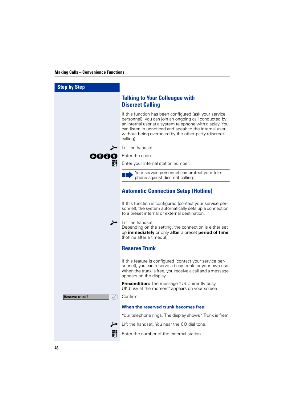 Talking to your colleague with discreetcalling, Automatic connection setup (hotline), Reserve trunk | Talking to your colleague with discreet calling | Siemens HIPATH 2000 User Manual | Page 48 / 139