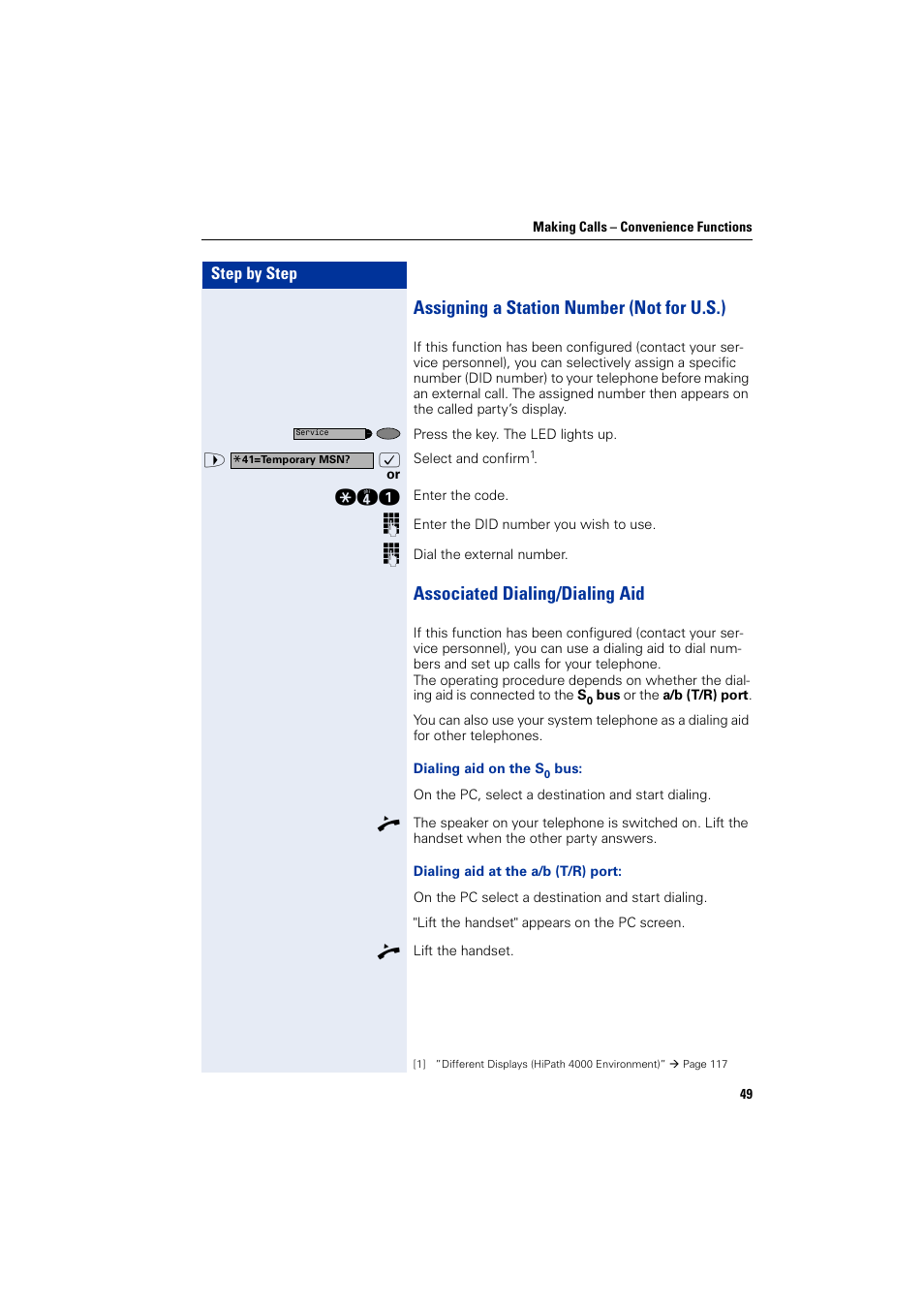 Assigning a station number (notforu.s.), Associated dialing/dialing aid, Assigning a station number (not for u.s.) | Siemens HIPATH 2000 User Manual | Page 49 / 139