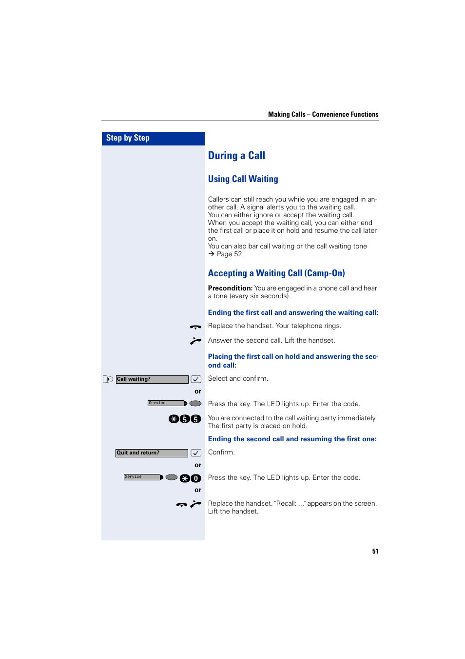 During a call, Using call waiting, Accepting a waiting call (camp-on) | Siemens HIPATH 2000 User Manual | Page 51 / 139