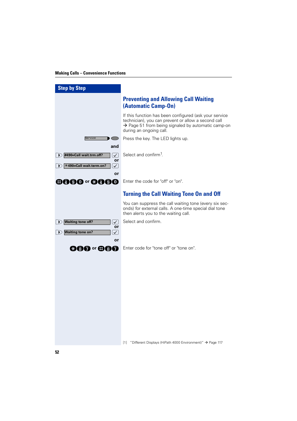 Turning the call waiting tone on and off | Siemens HIPATH 2000 User Manual | Page 52 / 139