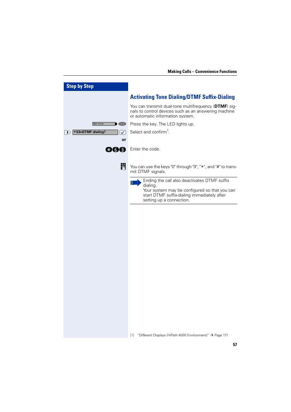Activating tone dialing/dtmfsuffix-dialing, Activating tone dialing/dtmf suffix-dialing | Siemens HIPATH 2000 User Manual | Page 57 / 139