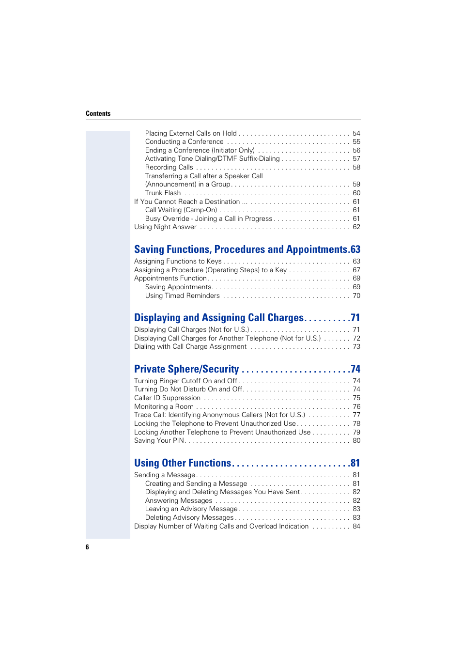 Saving functions, procedures and appointments.63, Displaying and assigning call charges, Private sphere/security | Using other functions | Siemens HIPATH 2000 User Manual | Page 6 / 139