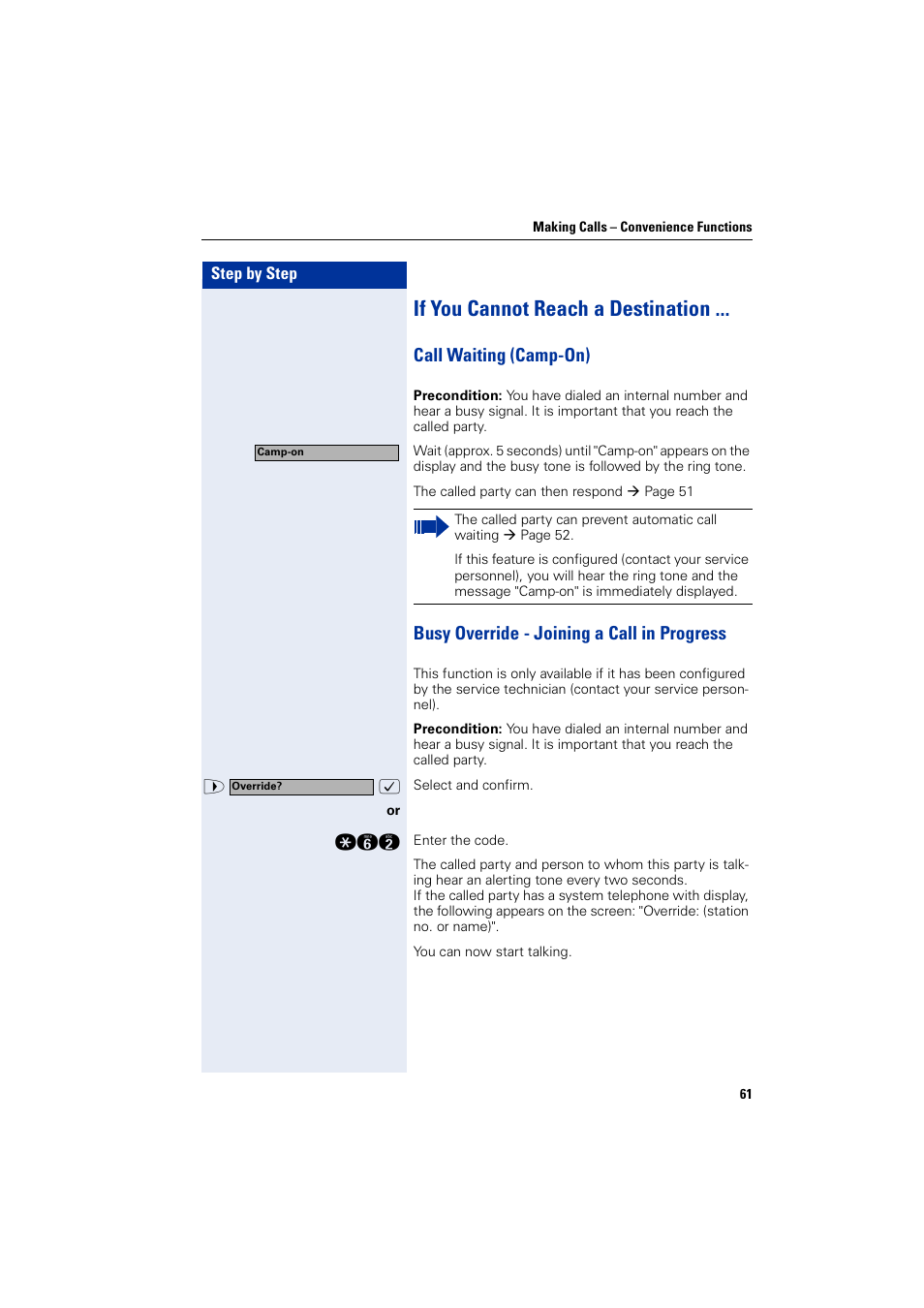 If you cannot reach a destination, Call waiting (camp-on), Busy override - joining a call in progress | Siemens HIPATH 2000 User Manual | Page 61 / 139