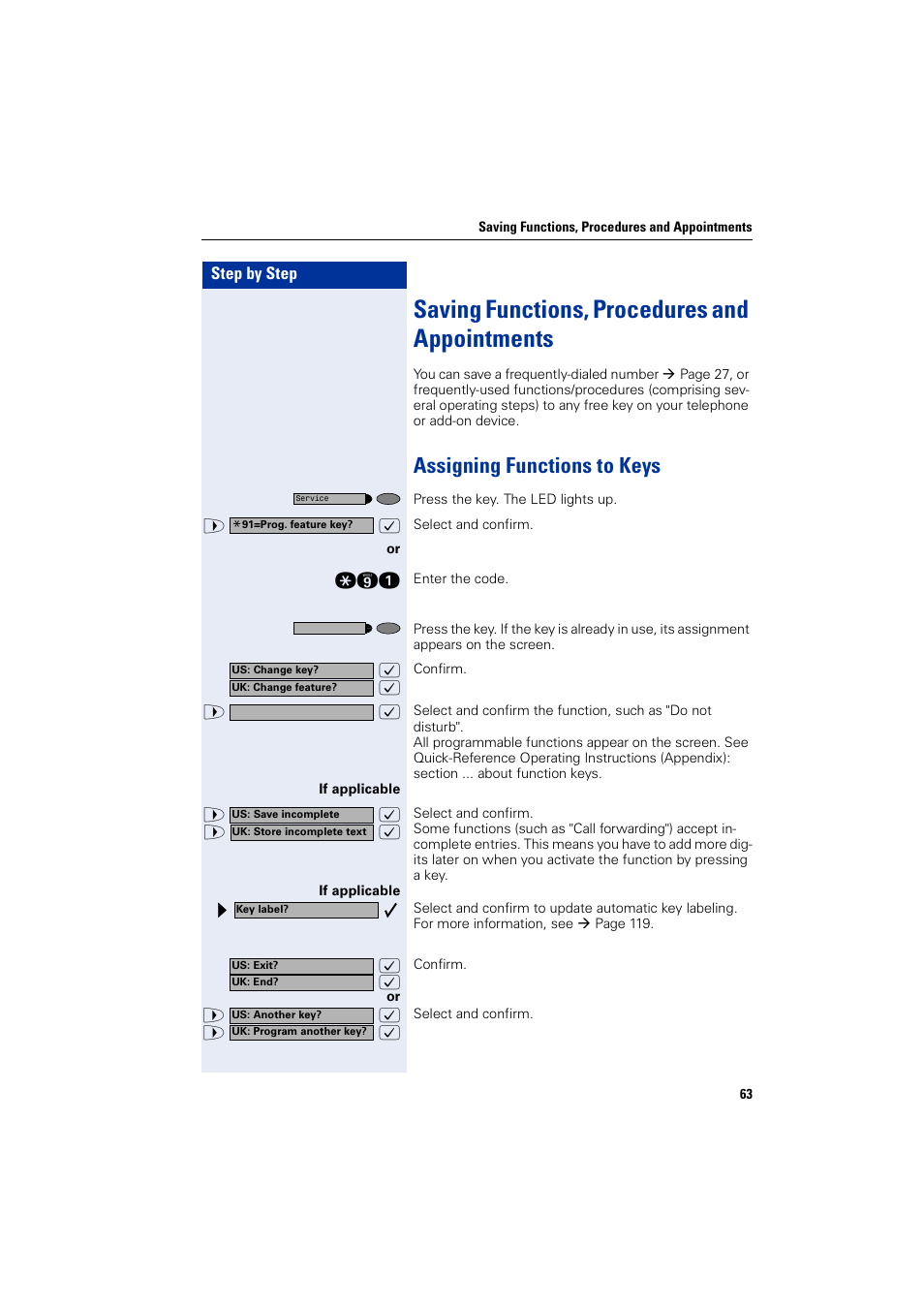 Saving functions, procedures and appointments, Assigning functions to keys, Saving functions, procedures and appointments.63 | Saving functions, procedures and appointments | Siemens HIPATH 2000 User Manual | Page 63 / 139