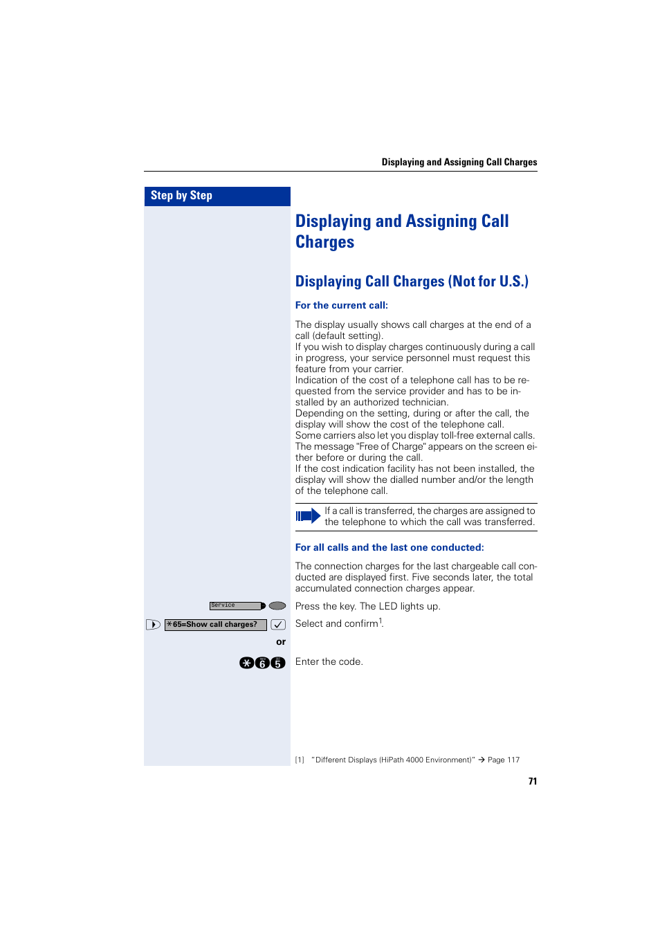 Displaying and assigning call charges, Displaying call charges (not for u.s.) | Siemens HIPATH 2000 User Manual | Page 71 / 139