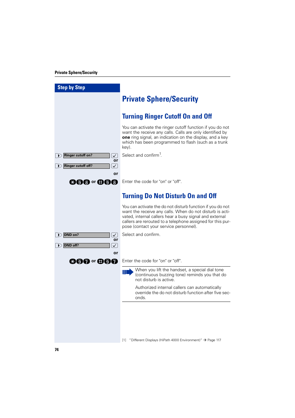 Private sphere/security, Turning ringer cutoff on and off, Turning do not disturb on and off | Siemens HIPATH 2000 User Manual | Page 74 / 139