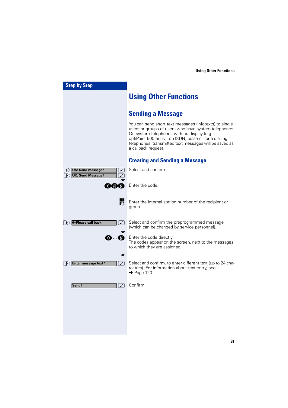 Using other functions, Sending a message, Creating and sending a message | Siemens HIPATH 2000 User Manual | Page 81 / 139