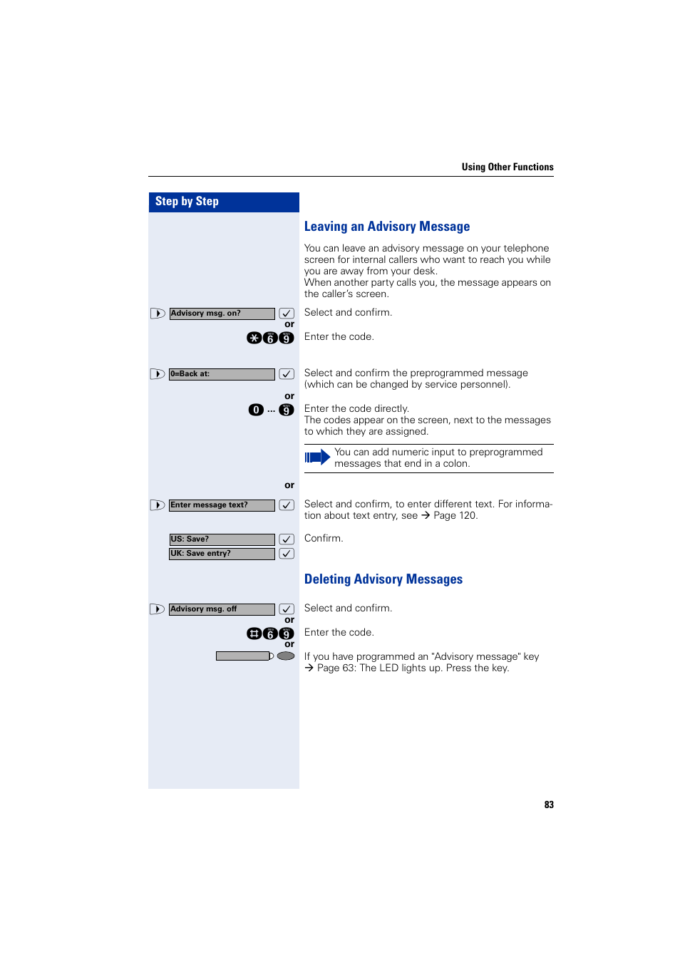 Leaving an advisory message, Deleting advisory messages | Siemens HIPATH 2000 User Manual | Page 83 / 139