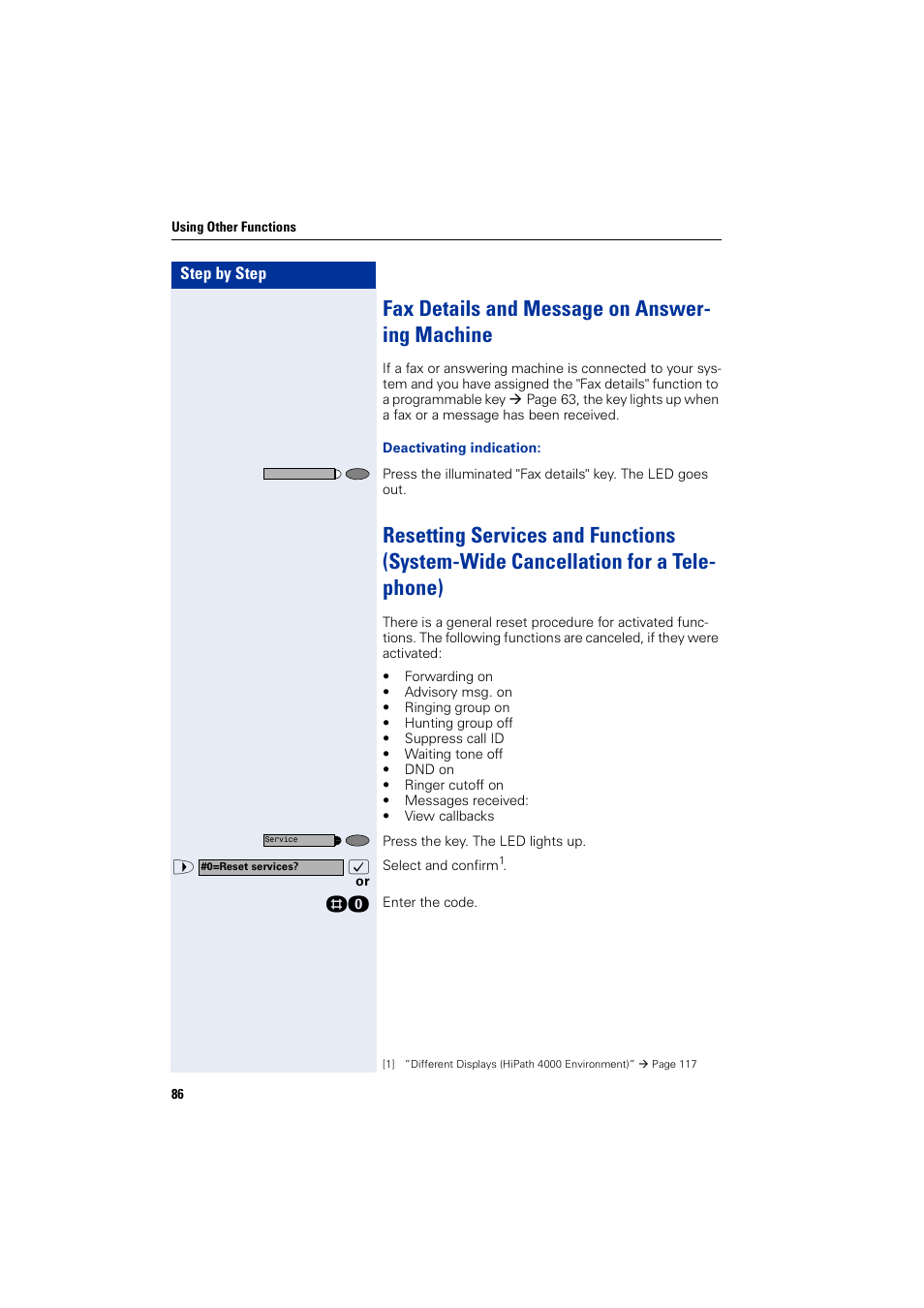 Fax details and message on answering machine, Fax details and message on answer- ing machine | Siemens HIPATH 2000 User Manual | Page 86 / 139