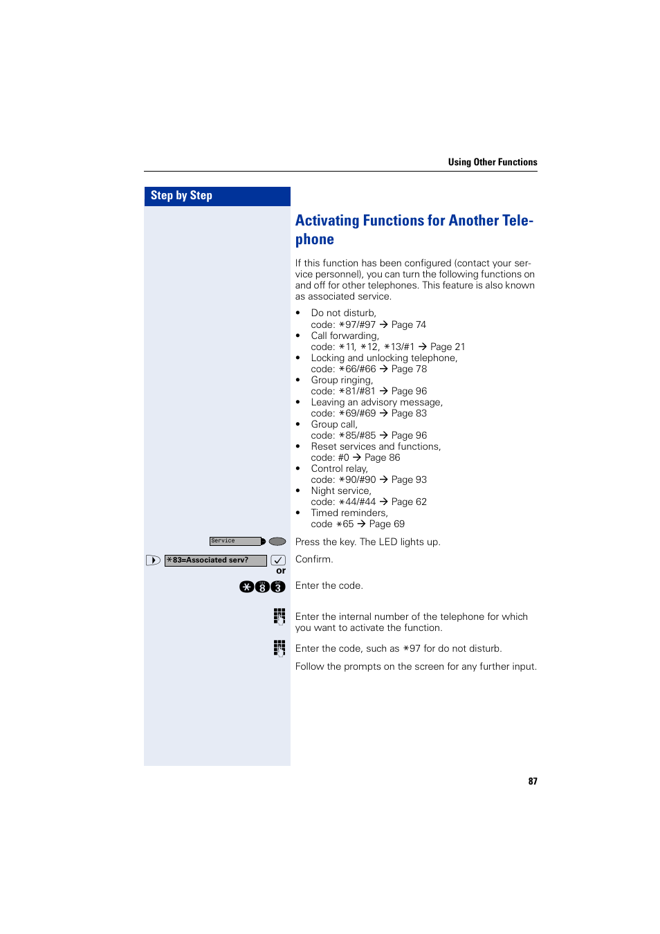 Activating functions for another telephone, Activating functions for another tele- phone | Siemens HIPATH 2000 User Manual | Page 87 / 139