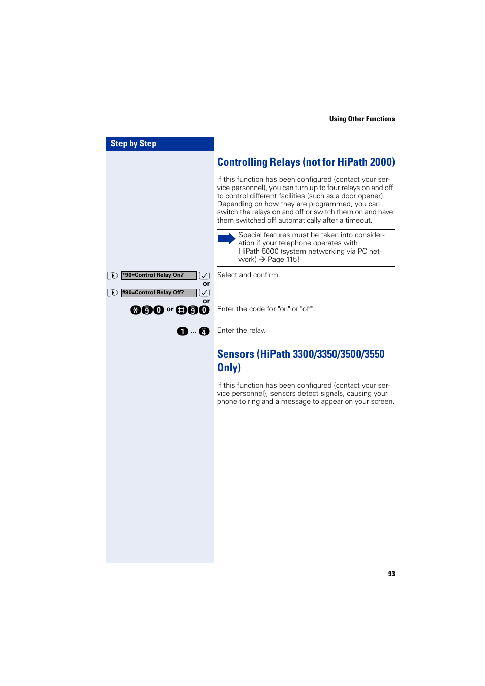 Controlling relays (not for hipath2000), Sensors (hipath3300/3350/3500/3550 only), Controlling relays (not for hipath 2000) | Siemens HIPATH 2000 User Manual | Page 93 / 139