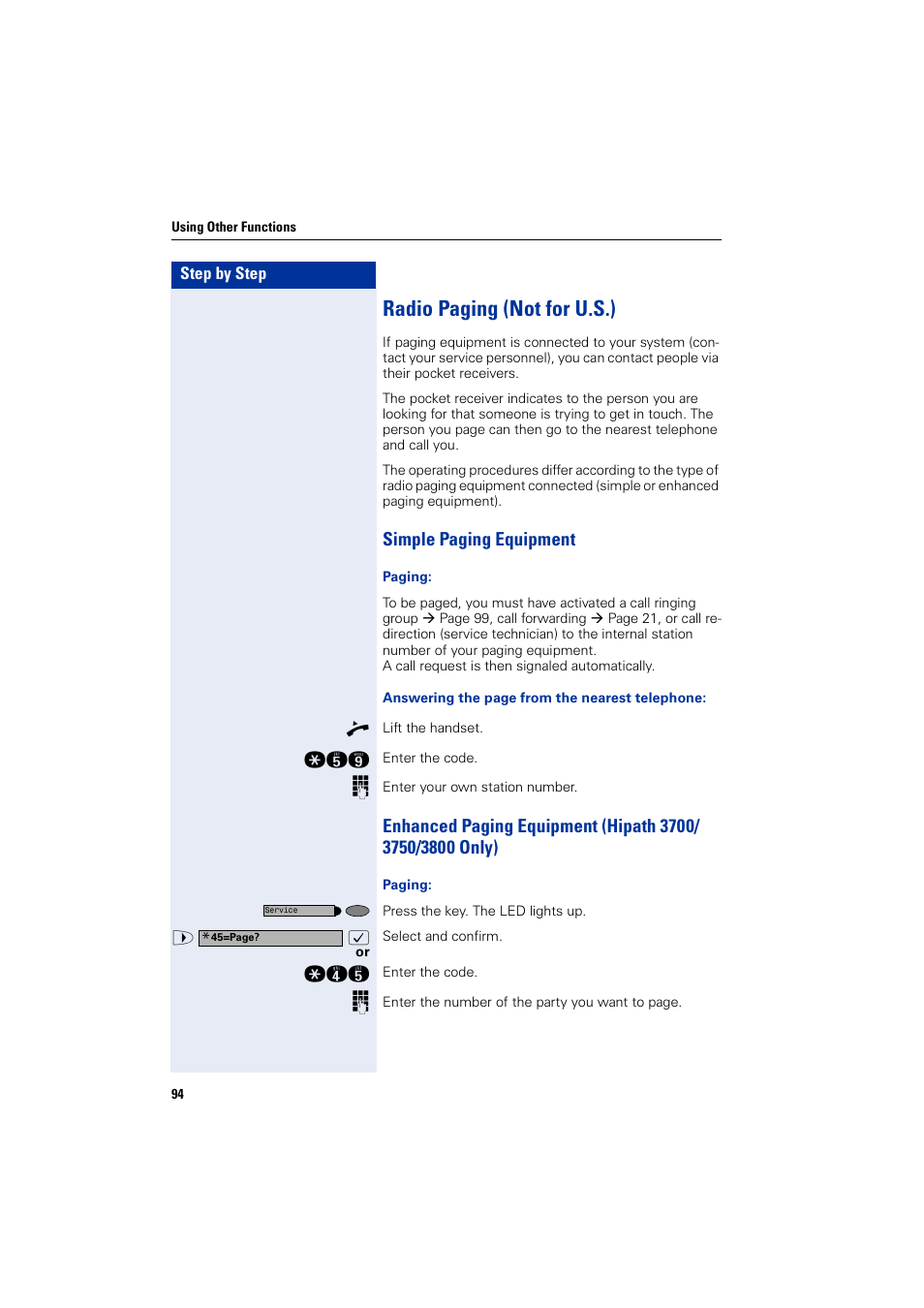 Radio paging (not for u.s.), Simple paging equipment | Siemens HIPATH 2000 User Manual | Page 94 / 139