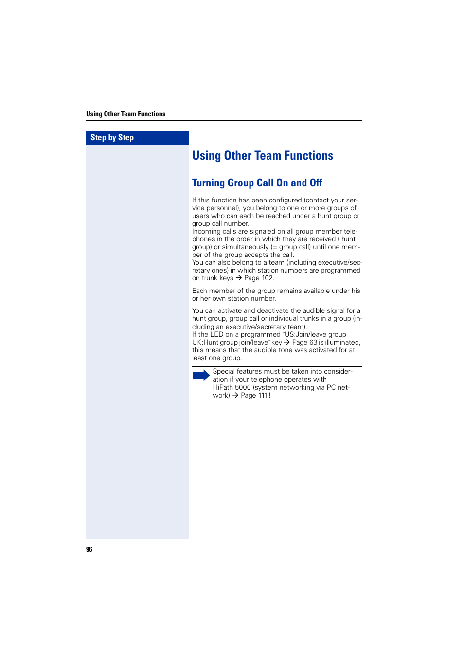 Using other team functions, Turning group call on and off | Siemens HIPATH 2000 User Manual | Page 96 / 139