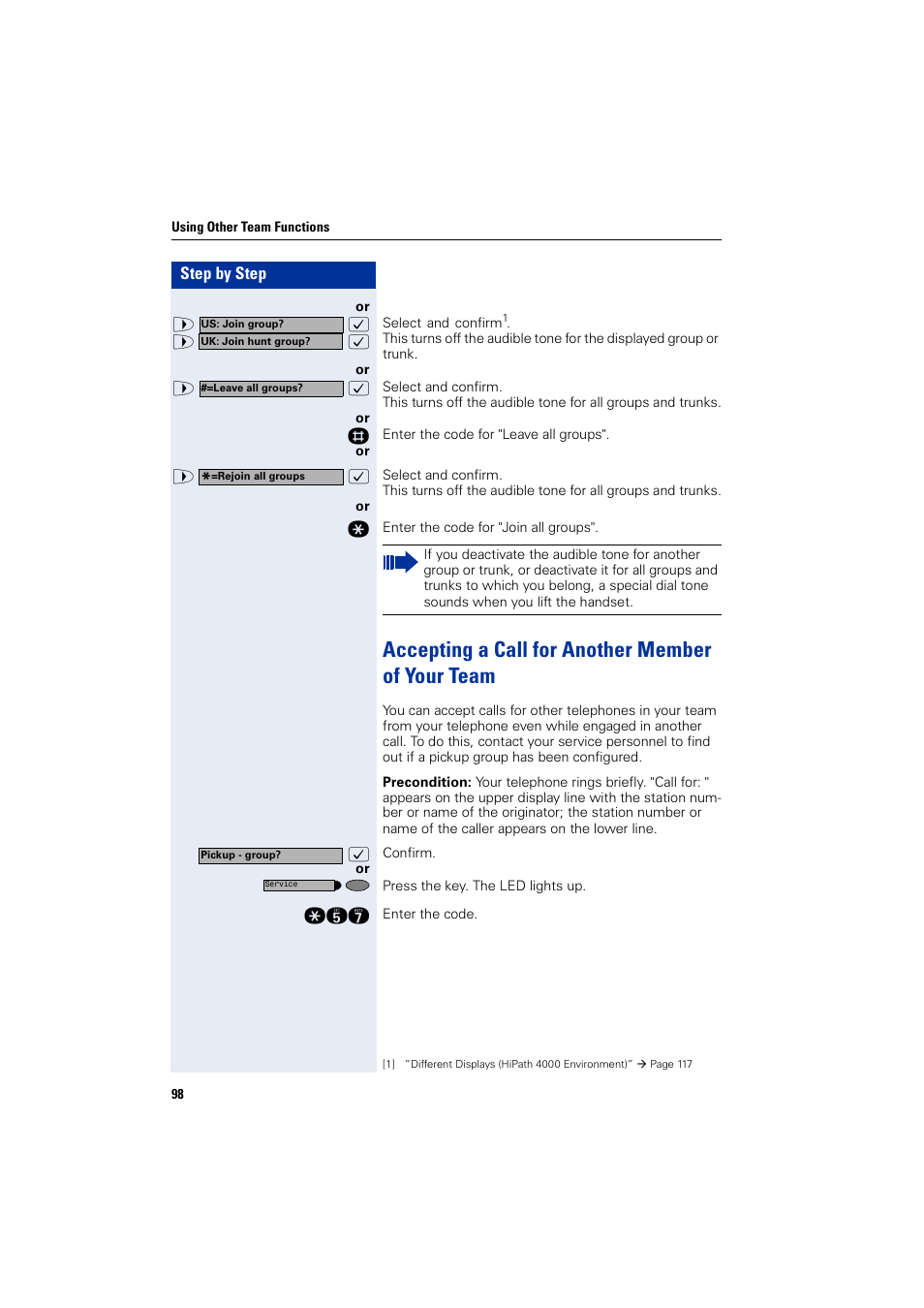 Accepting a call for another member of your team | Siemens HIPATH 2000 User Manual | Page 98 / 139
