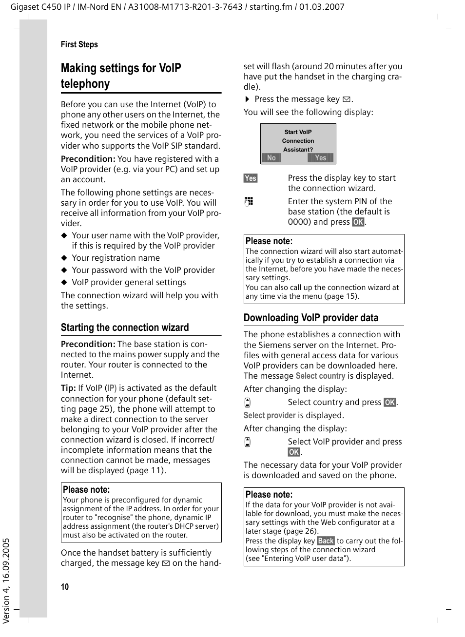 Making settings for voip telephony, Starting the connection wizard, Downloading voip provider data | Siemens C450 IP User Manual | Page 11 / 39