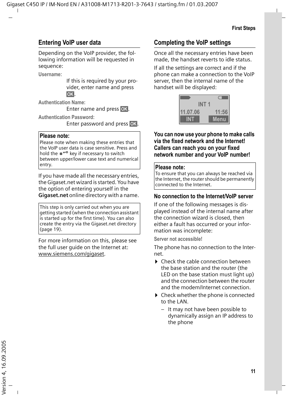 Entering voip user data, Completing the voip settings | Siemens C450 IP User Manual | Page 12 / 39