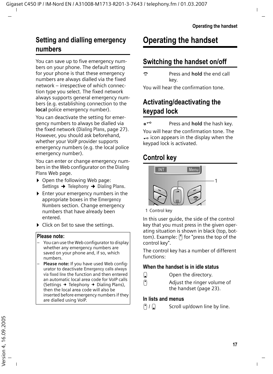 Setting and dialling emergency numbers, Operating the handset, Switching the handset on/off | Activating/deactivating the keypad lock, Control key | Siemens C450 IP User Manual | Page 18 / 39