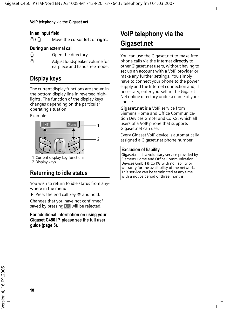 Display keys, Returning to idle status, Voip telephony via the gigaset.net | Display keys returning to idle status | Siemens C450 IP User Manual | Page 19 / 39