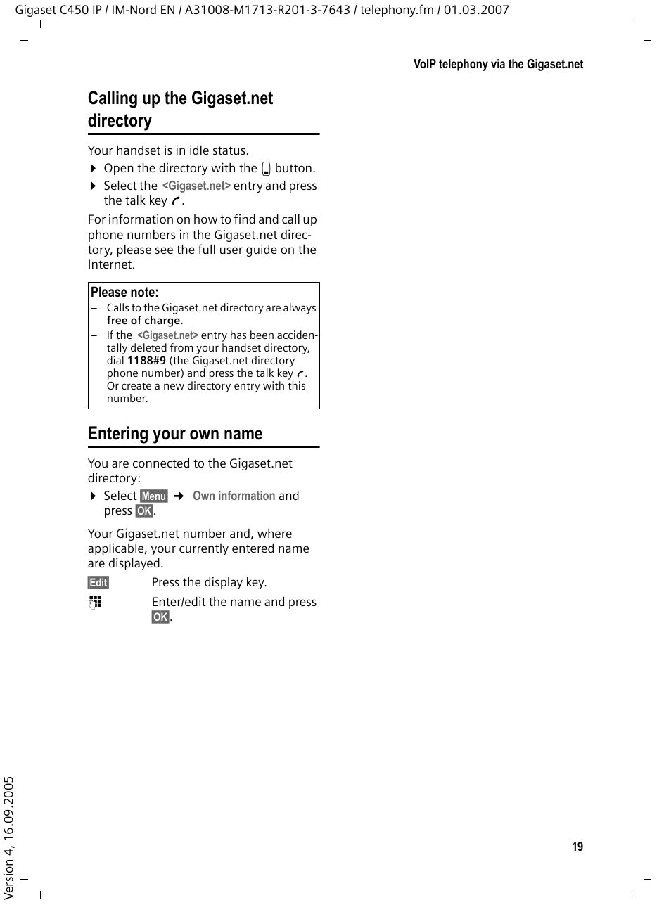 Calling up the gigaset.net directory, Entering your own name | Siemens C450 IP User Manual | Page 20 / 39