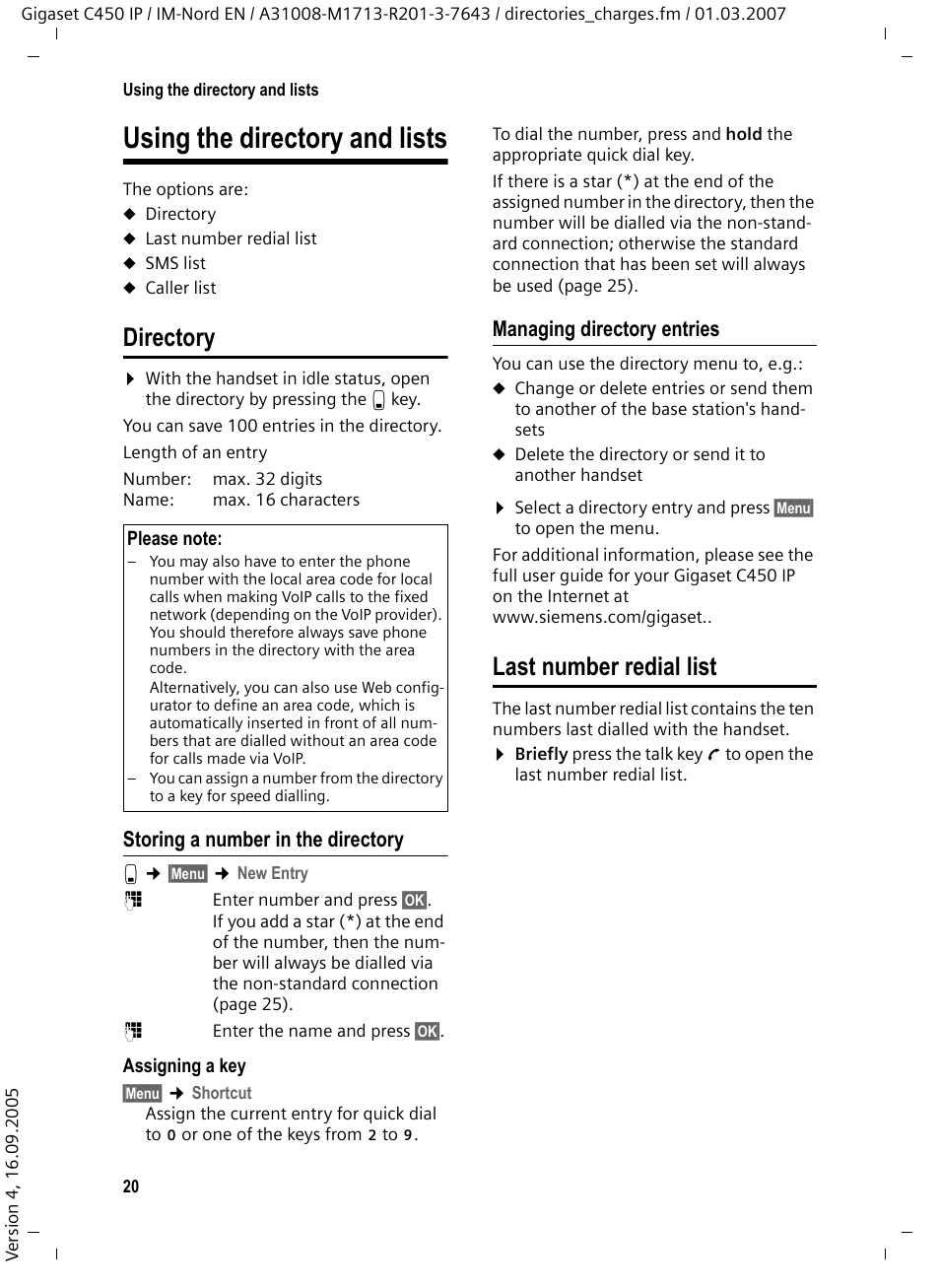 Using the directory and lists, Directory, Storing a number in the directory | Managing directory entries, Last number redial list, Directory last number redial list | Siemens C450 IP User Manual | Page 21 / 39