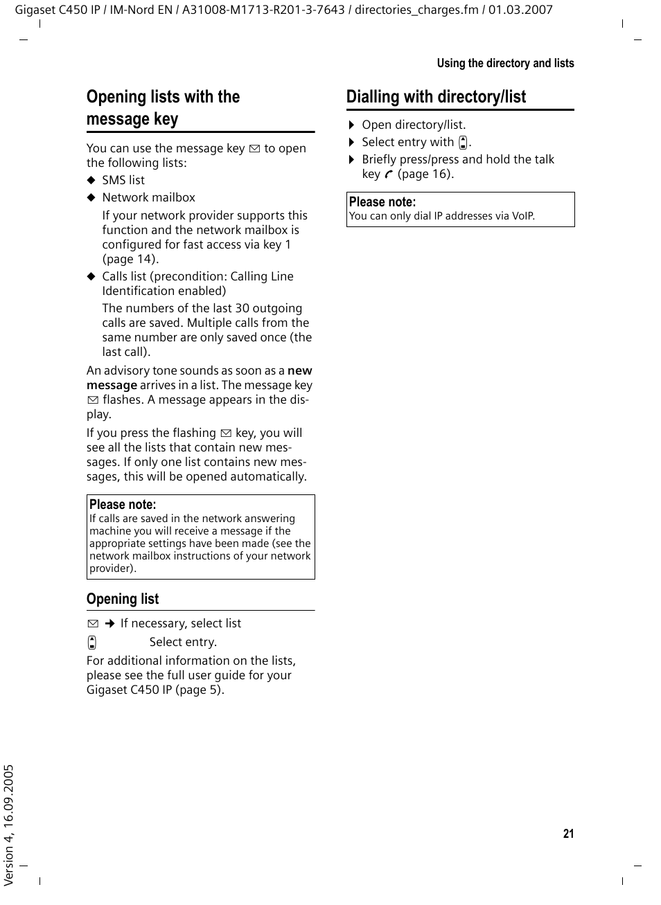 Opening lists with the message key, Opening list, Dialling with directory/list | Siemens C450 IP User Manual | Page 22 / 39